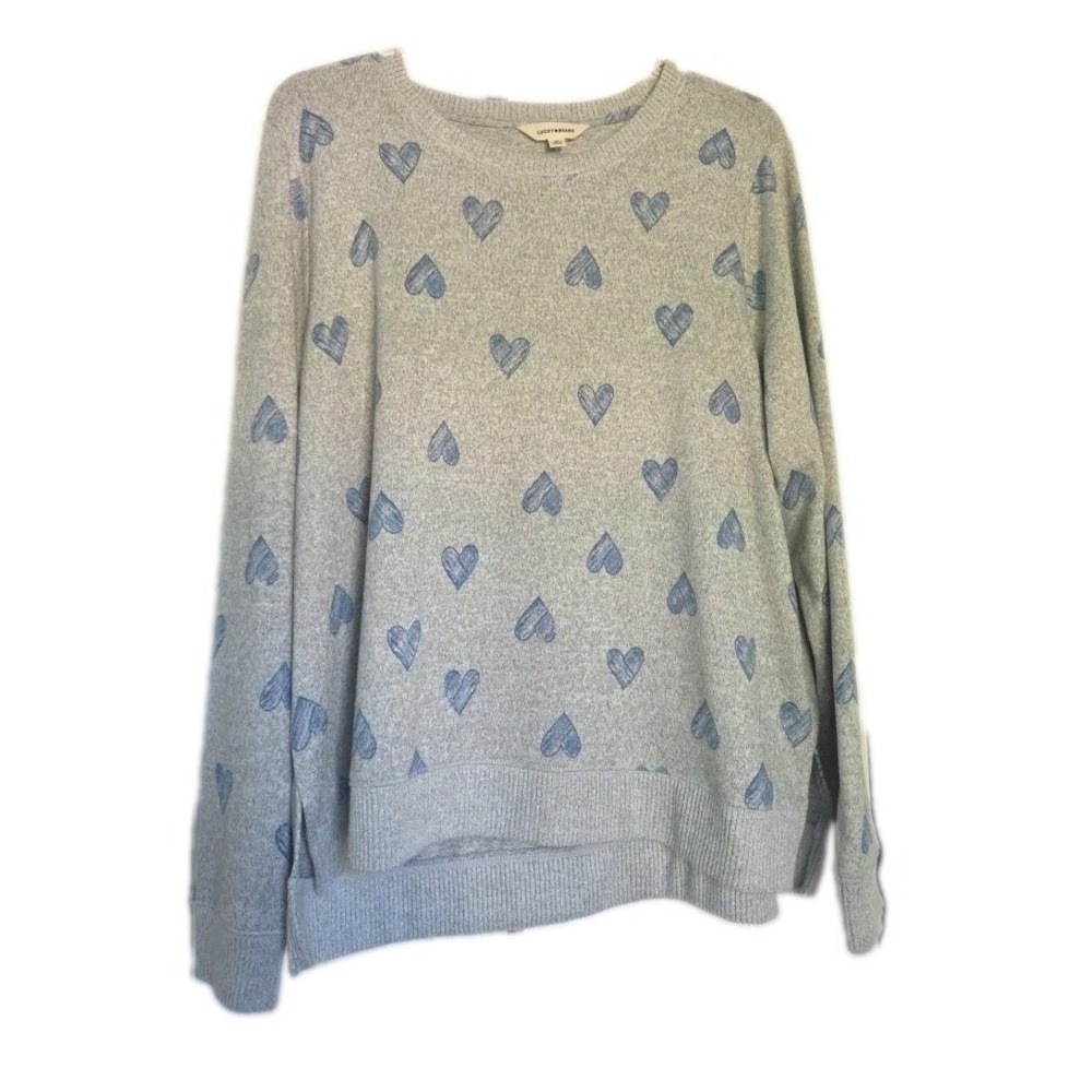 Ladies Lucky brand Sweater Heather Gray Blue Hearts Sz XL‎ Super Soft
